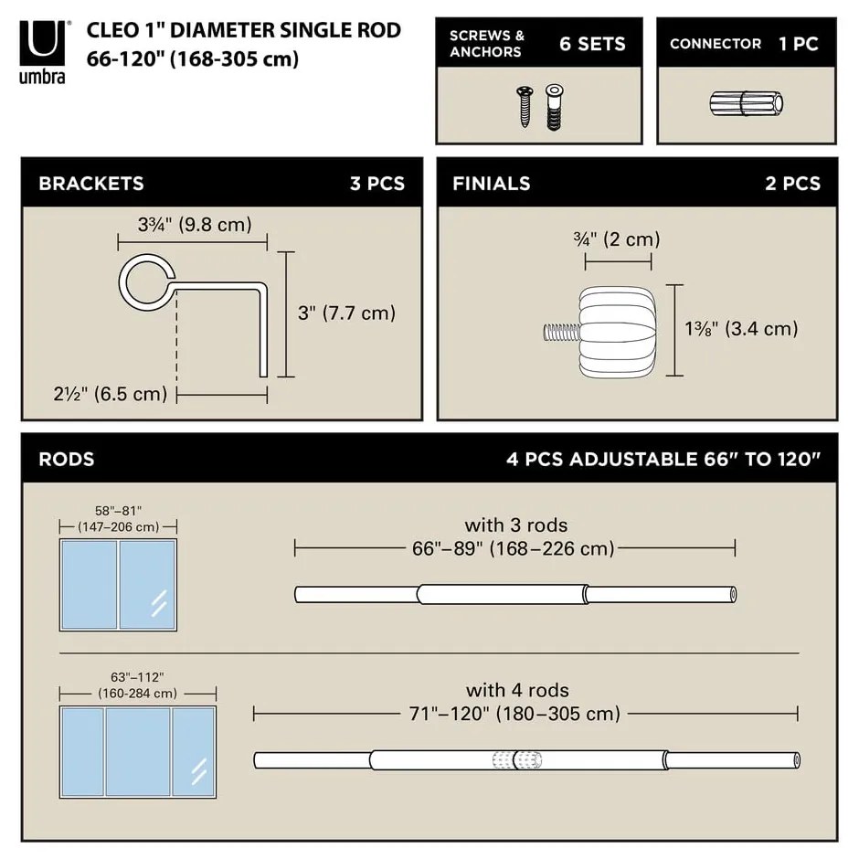 Matne čierna oceľová roztiahnuteľná garniža 168 - 305 cm Cleo – Umbra
