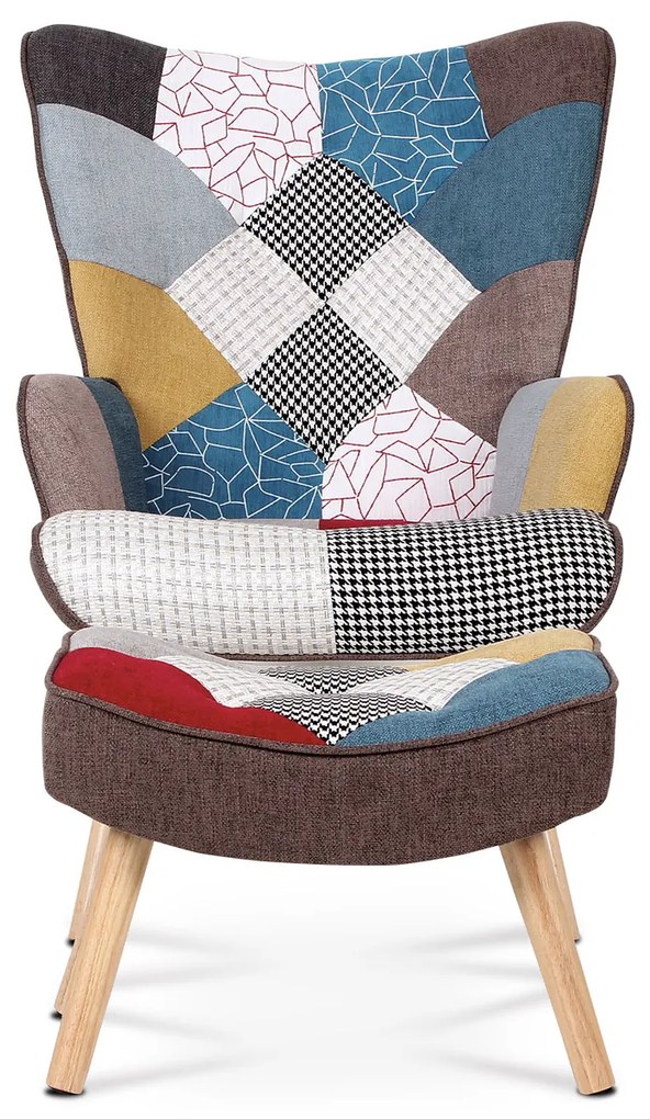 Autronic - Kreslo "ušiak" s podnožkou, poťah patchwork látka, nohy masív kaučukovník - AK-305 PW2