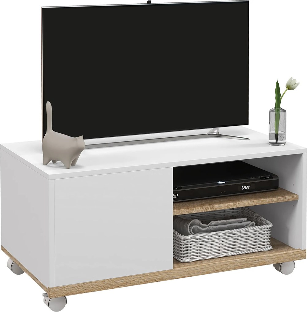 HOMCOM Moderný TV Stojan na Kolieskach pre TV do 42 Palcov s 1 Dverami a 2 Regálmi 80x45x39,5 cm Biela | Aosom