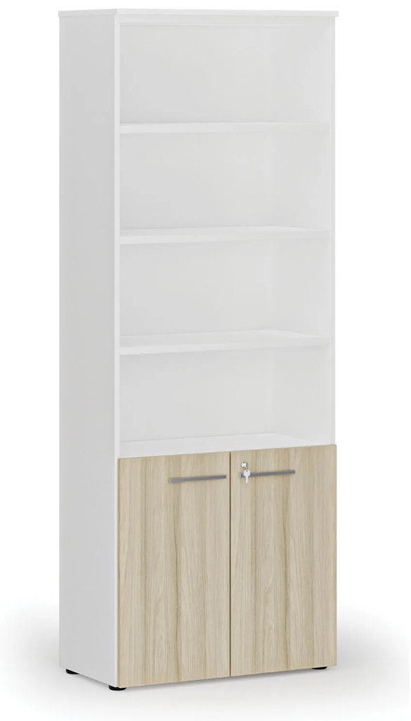 Kombinovaná kancelárska skriňa PRIMO WHITE, dvere na 2 poschodia, 800 x 420 x 2128 mm, biela/dub prírodná