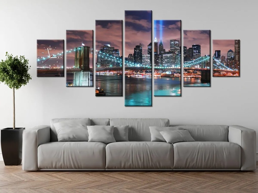 Gario Obraz s hodinami Panoráma Manhattanu - 7 dielny Rozmery: 210 x 100 cm