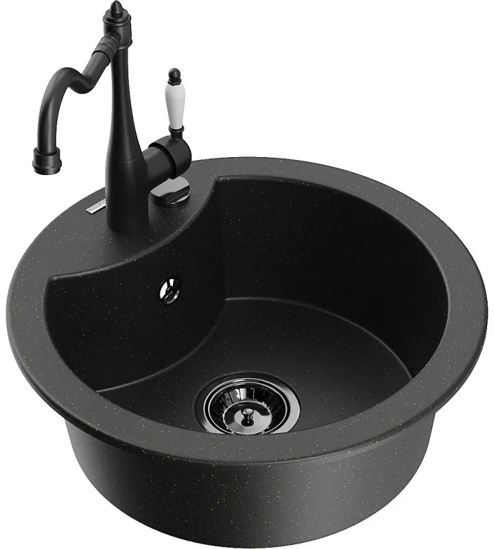 Mexen Diego, granitový drez 488x488x167 mm, 1-komorový a drezová batéria Carla, čierna-zlatá metalíza, 6512-75-670700-70-B