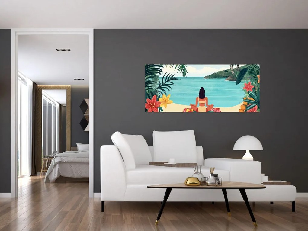 Obraz - Jogínka na pláži (120x50 cm)