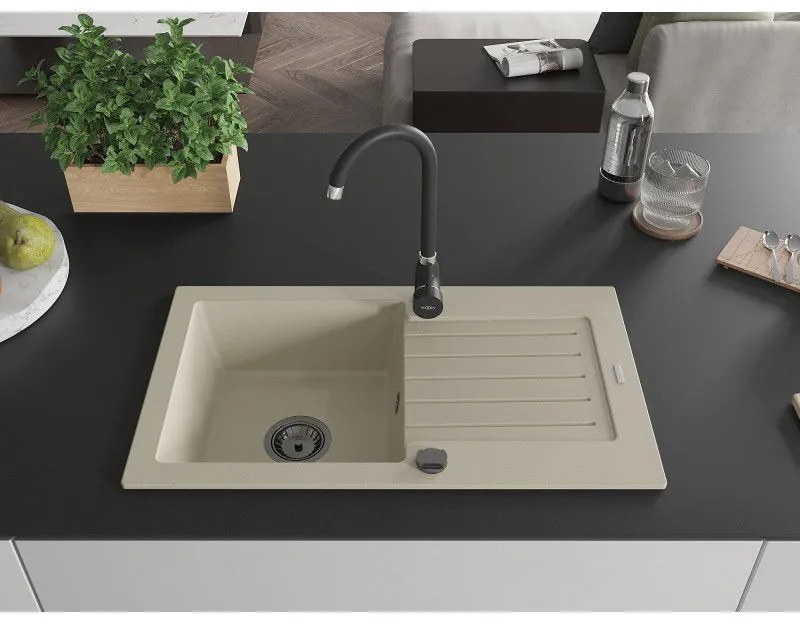 Mexen Pablo, granitový drez 752x436x161 mm, 1-komorový, béžová s čiernym sifónom, 6510751010-69-B