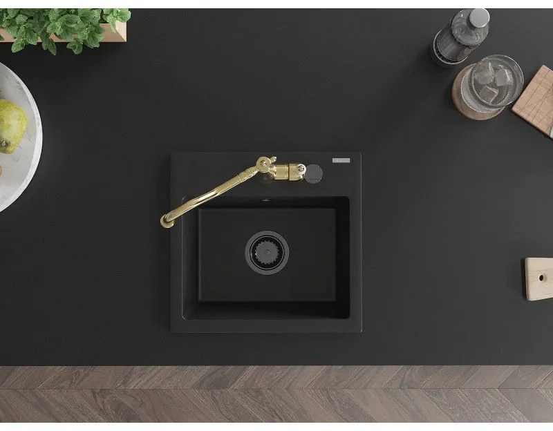 Mexen Milo, granitový drez 435x410x171 mm, 1-komorový a drezová batéria Carla, čierna, 6505-77-670700-50-B