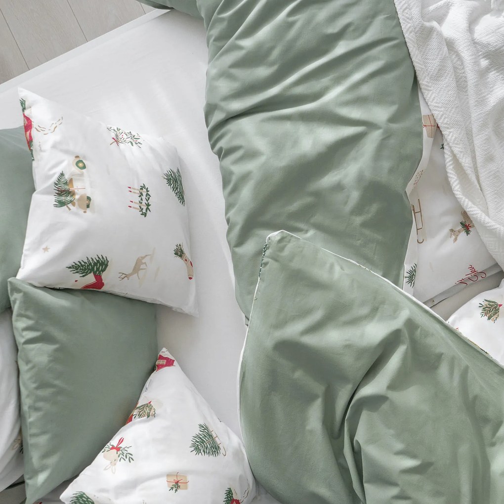 Goldea vianočné bavlnené posteľné obliečky duo - tradičné vianoce so šalviovo zelenou 150 x 200 a 50 x 60 cm