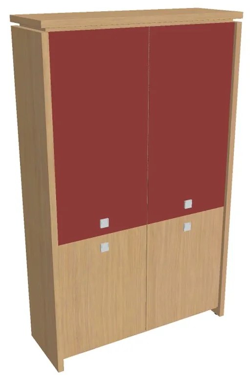Vysoká skriňa Verno 128 x 46 x 210 cm, kombinované dvere, dub svetlý / červená