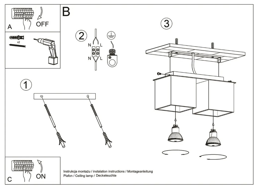 Stropné svietidlo Quad, 2x biele kovové tienidlo