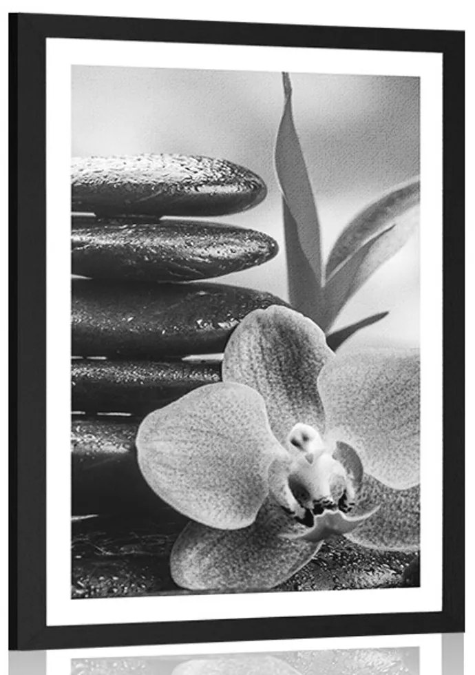 Plagát s paspartou meditačná Zen kompozícia v čiernobielom prevedení - 30x45 silver