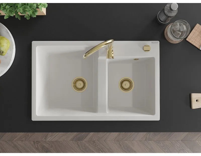 Mexen Tomas, granitový drez 800x500x190 mm, 2-komorový a zlatá batéria Telma, biela, 6516-20-670200-50