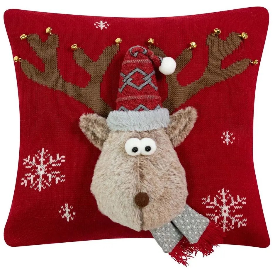 Červený vianočný dekoračný vankúš sob Rudolf - 40*40*7cm