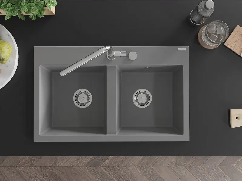 Mexen Hektor žulový drez 2-komorový 800 x 480 mm, sivý, sifón chróm - 6521802000-71