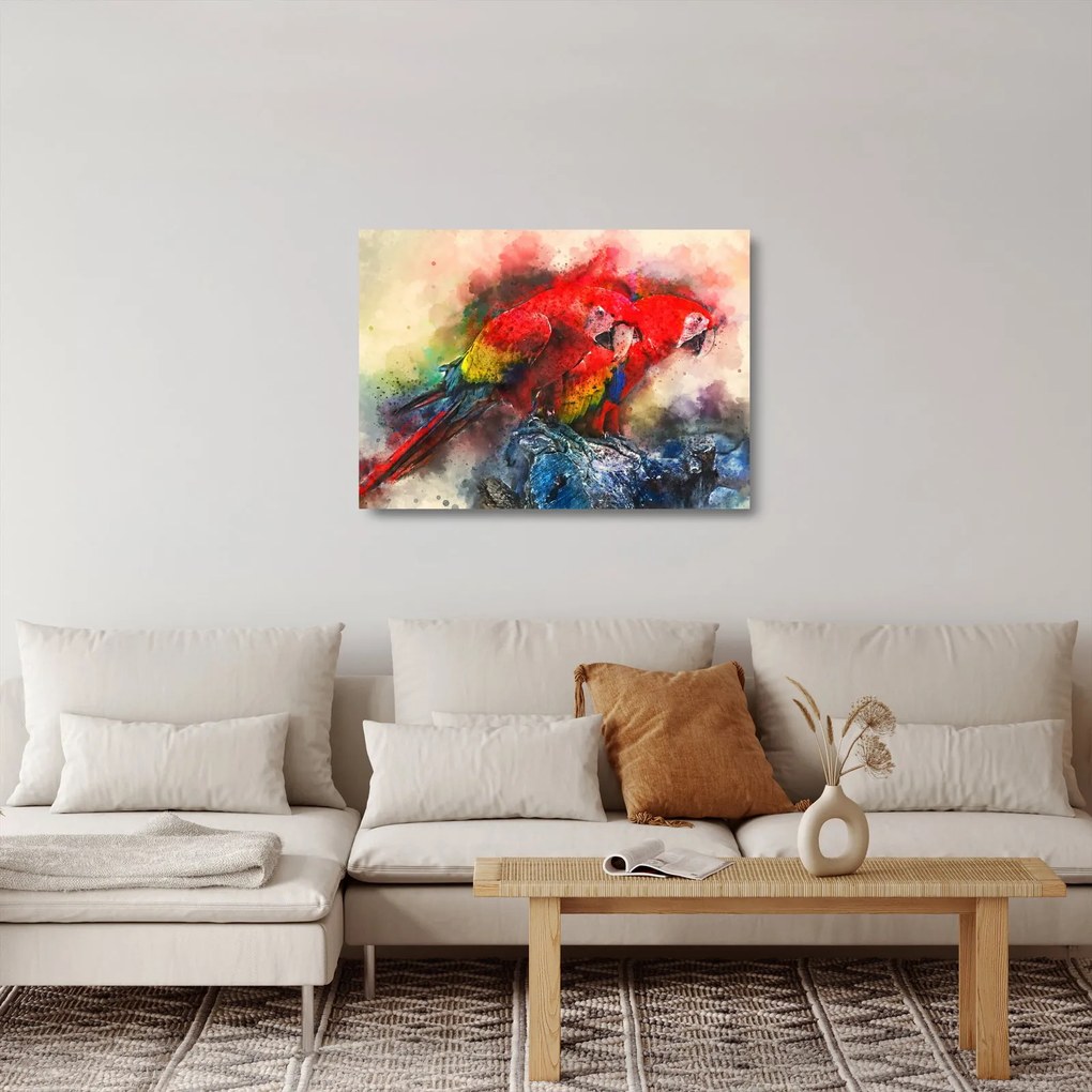 Sklenený obraz červených papagájov ara (70x50 cm)