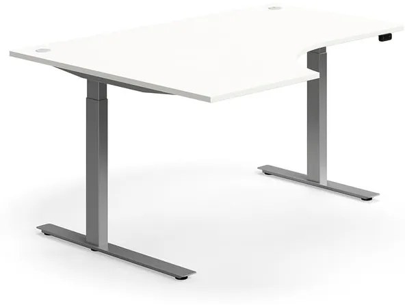 Výškovo nastaviteľný stôl FLEXUS, rohový, 1600x1200 mm, strieborný rám, biela