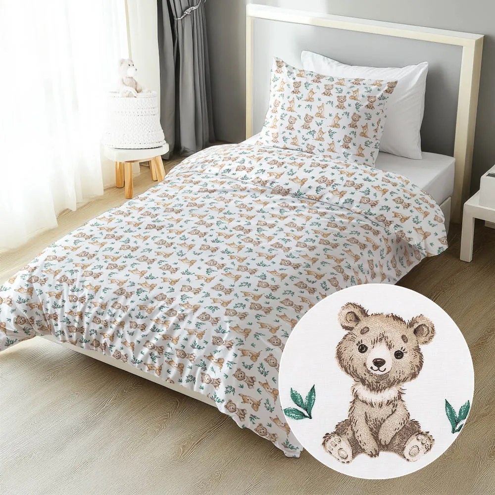 Biante Detské bavlnené posteľné obliečky Sandra SA-470 Medvedíky a srnčekovia na bielom Predĺžené 140x220 a 70x90 cm