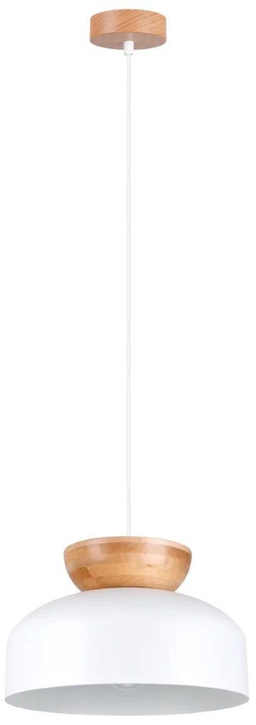 Závesné svietidlo Marion, 1x biele kovové tienidlo, drevo