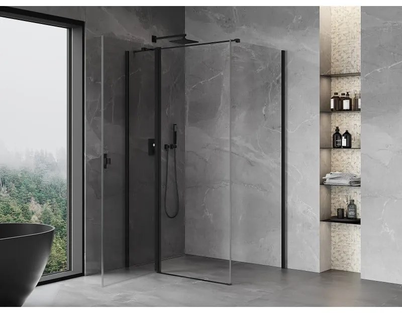 Mexen Mist T, sprchový kút s krídlovými dverami, 70 x 110 cm, 8mm číre sklo, čierny profil, 8A4T-070-110-70-00