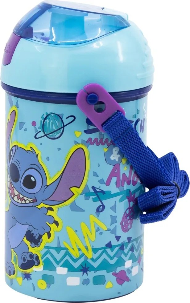 Plastová fľaša na pitie so slamkou a viečkom Stitch &amp; Angel - 450 ml