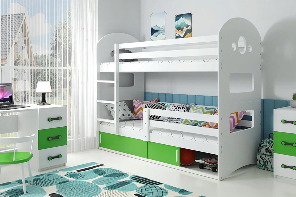 Interbeds Poschodová posteľ DOMINIK 163cmx86cm - bielo zelená