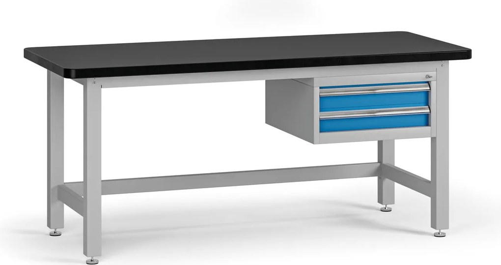 Pracovný stôl do dielne G4 so závesným boxom na náradie, MDF + PVC doska, 2 zásuvky, 1800 x 750 x 800 mm, modrá