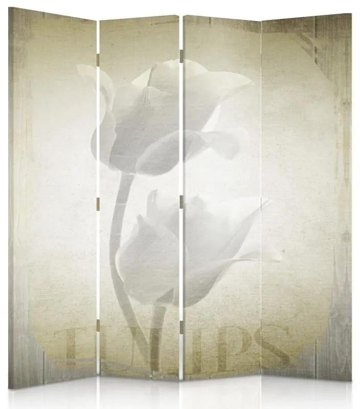 Ozdobný paraván, Retro tulipány - 145x170 cm, štvordielny, obojstranný paraván 360°