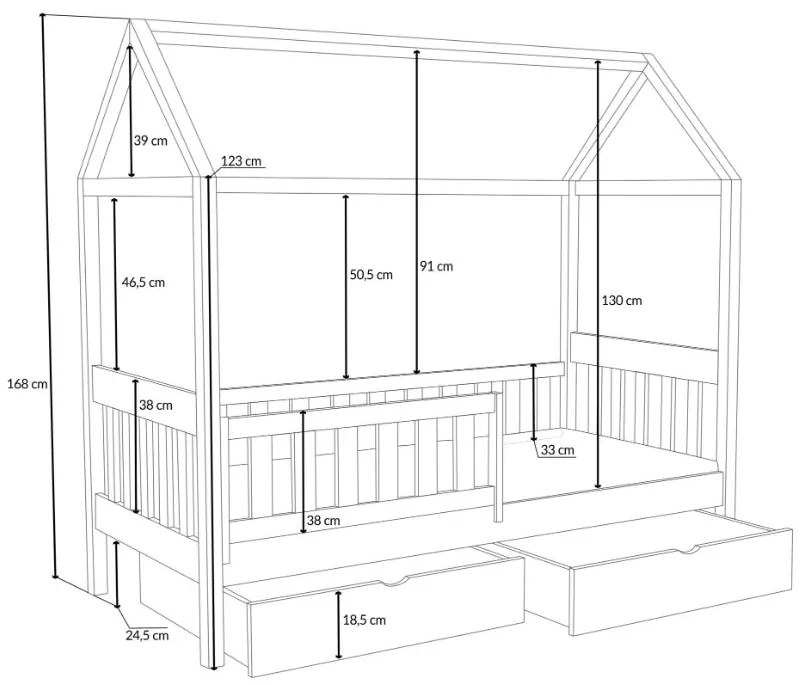 Detská domčeková posteľ z masívu borovice MAGDA so šuplíkmi - 200x90 cm - BIELA