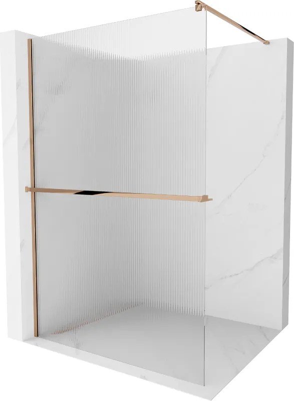 Mexen Kioto, sprchová zástena s poličkou a vešiakom na uteráky 140 x 200 cm, 8mm sklo s rebrovým vzorom, profil ružové zlato, 800-140-121-60-09