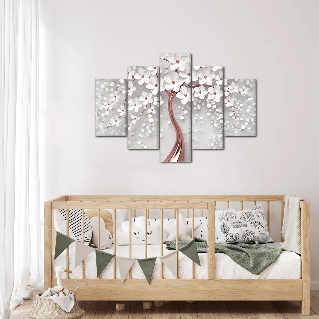 Obraz - Obraz bieleho stromu s kvetinami, rosegold (150x105 cm)