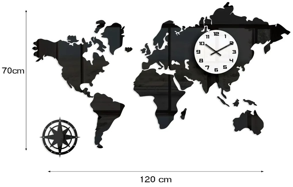 3D nalepovacie hodiny Continents čierno-biele