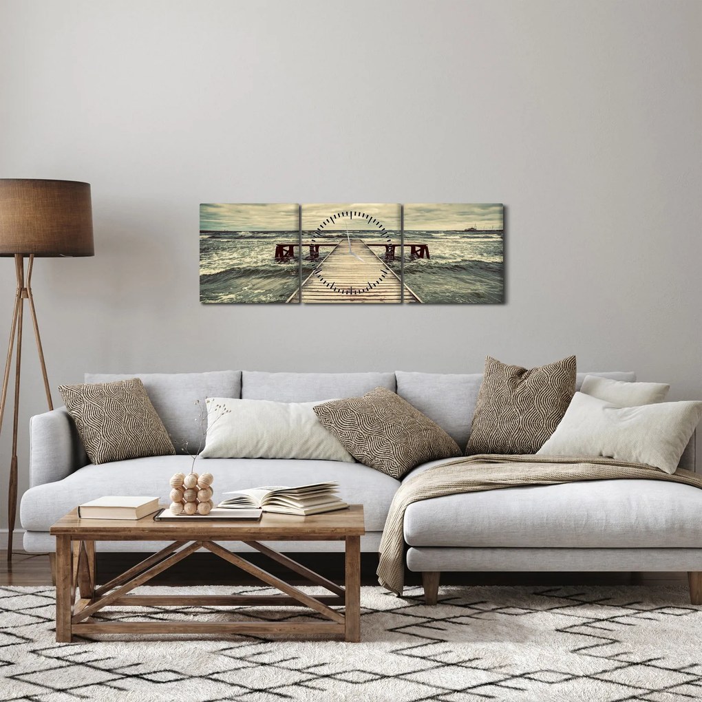 Obraz dreveného móla na mori (s hodinami) (90x30 cm)