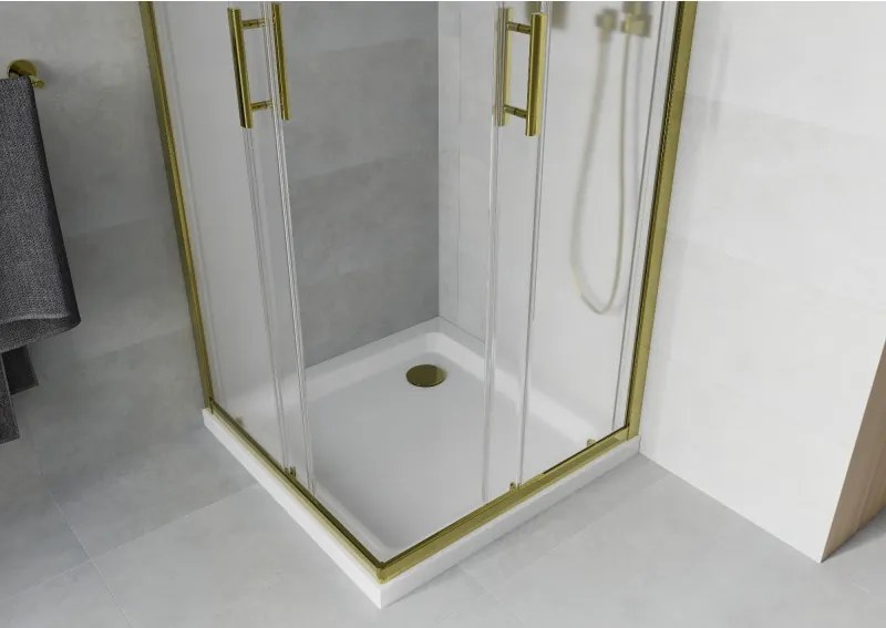 Mexen Rio, štvorcový sprchovací kút s posuvnými dverami 70(dvere) x 70(dvere) x 190 cm, 6mm sklo námraza, zlatý profil + biela sprchová vanička SLIM, 860-070-070-50-30-4010G