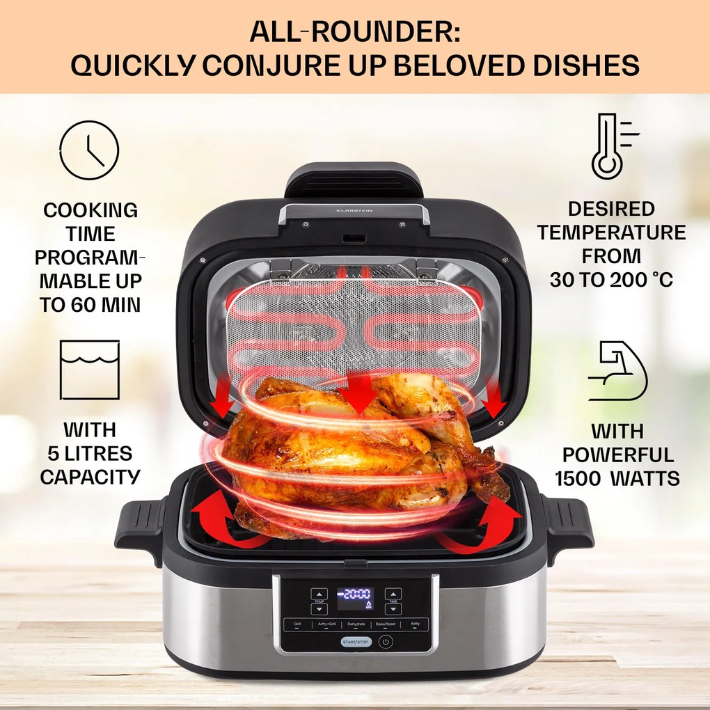 Klarstein Combo Air, teplovzdušná fritéza s grilom, 1500 W, 4,5 l grilovací kôš, 2,5 l fritovací kôš, 5 programov