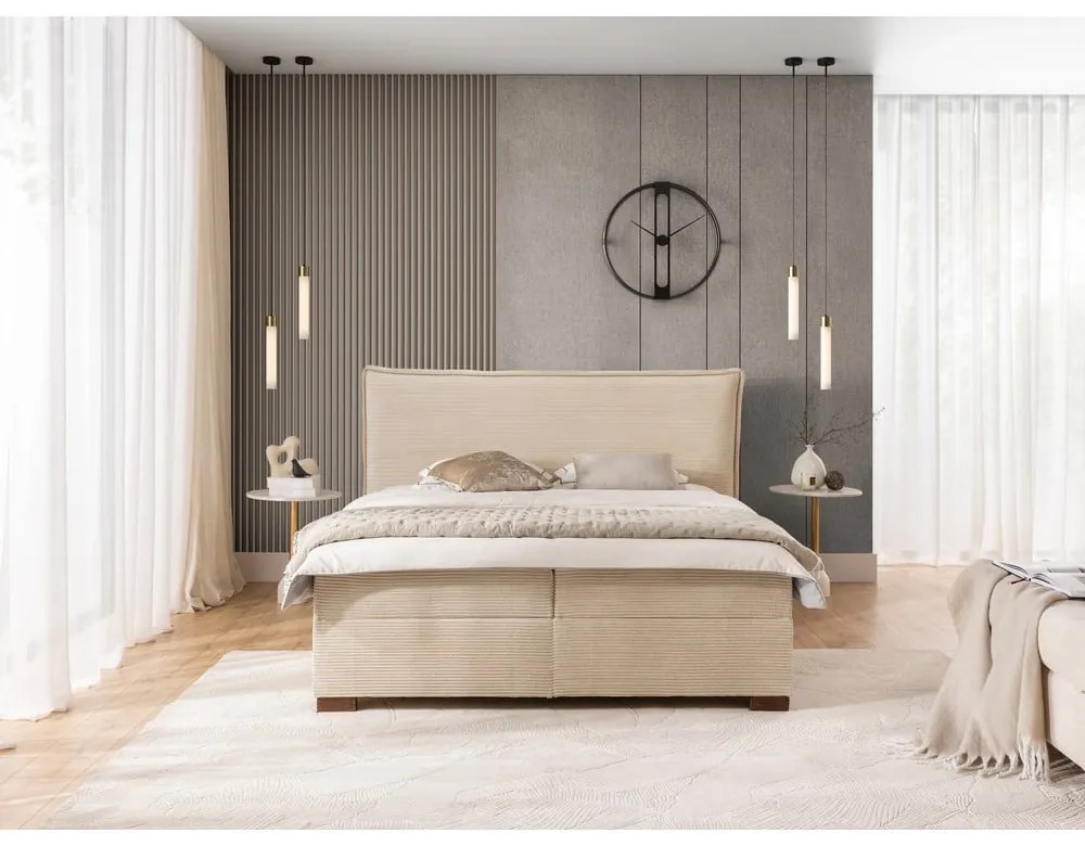 Béžová boxspring posteľ s úložným priestorom 160x200 cm Lysa – Ropez