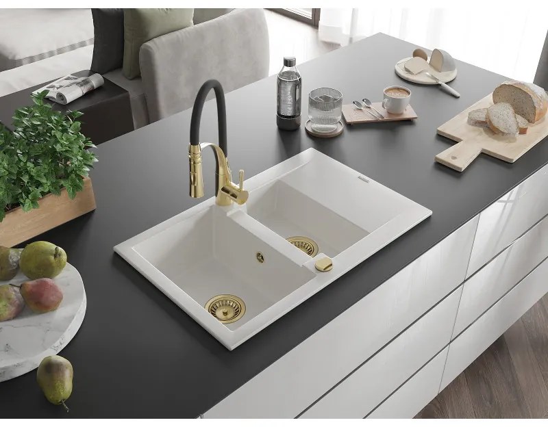 Mexen Gaspar, 1,5-komorový granitový drez 737x475x177 mm a drezová batéria Aster, biela, 6507-20-73450-57-G