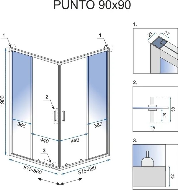 Štvorcový sprchový kút REA PUNTO 90x90 cm, chróm/transparent + vanička Savoy biela