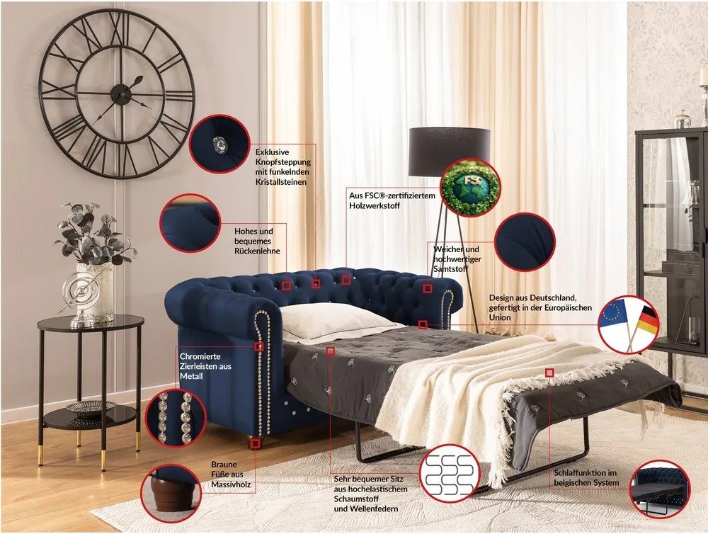 Modrá zamatová rozkladacia pohovka 148 cm York Blik – Ropez