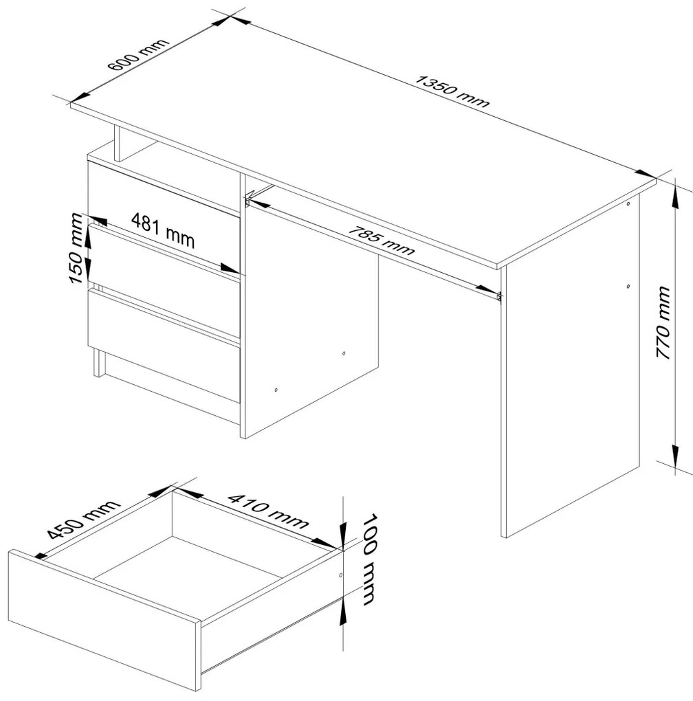 Volně stojící psací stůl CLP 135 cm bílý/dub sonoma