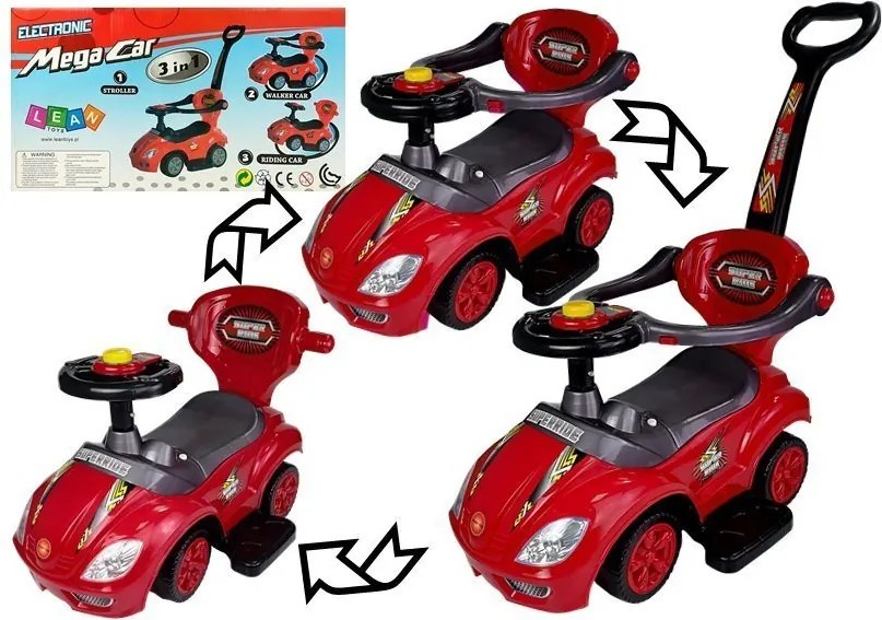 LEAN CARS Detské odrážadlo 3v1 Mega Car s vodiacou tyčou, červené