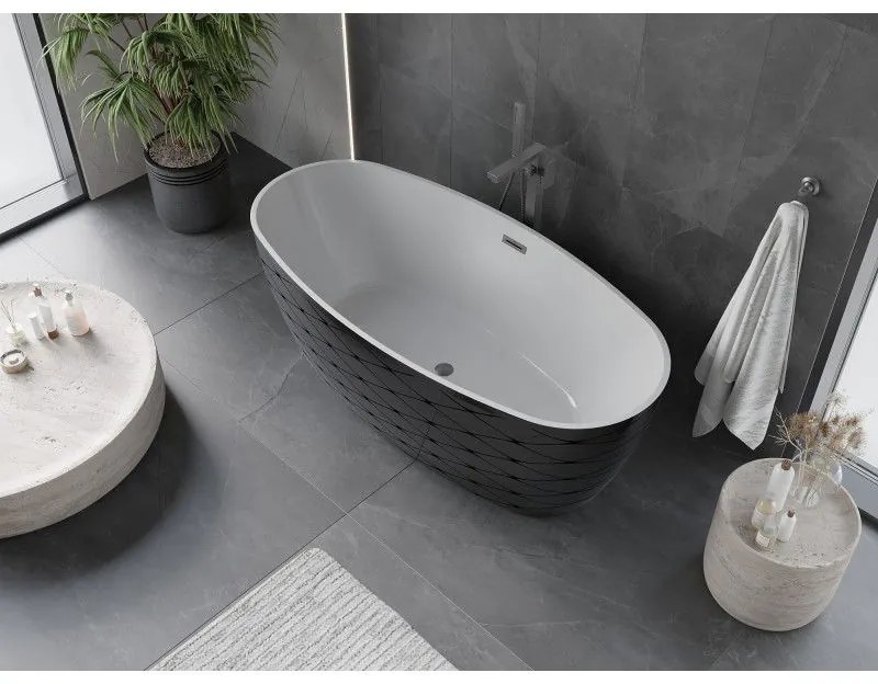 Mexen Olea, voľne stojaca vaňa, vzor, 170 × 80 cm, biela-čierna, grafitový prepad, 52821708075-66