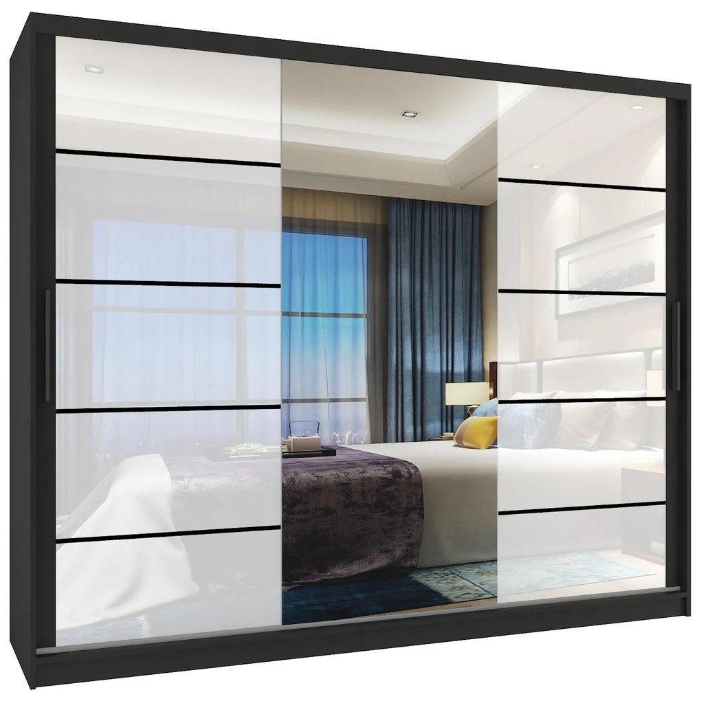 Šatníková skriňa 232 cm Belini čierny mat / biely lesk s posuvnými dverami zrkadlom a zásuvkami MGB SZP8/0/B/2W1L/KLP