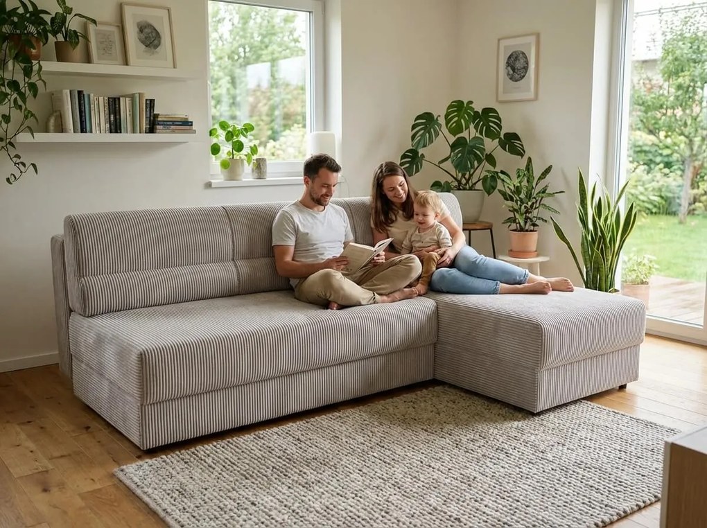 Rozkladacia obojstranná sedacia súprava do L TAVERO SLIM 201x140 cm, svetlobéžová