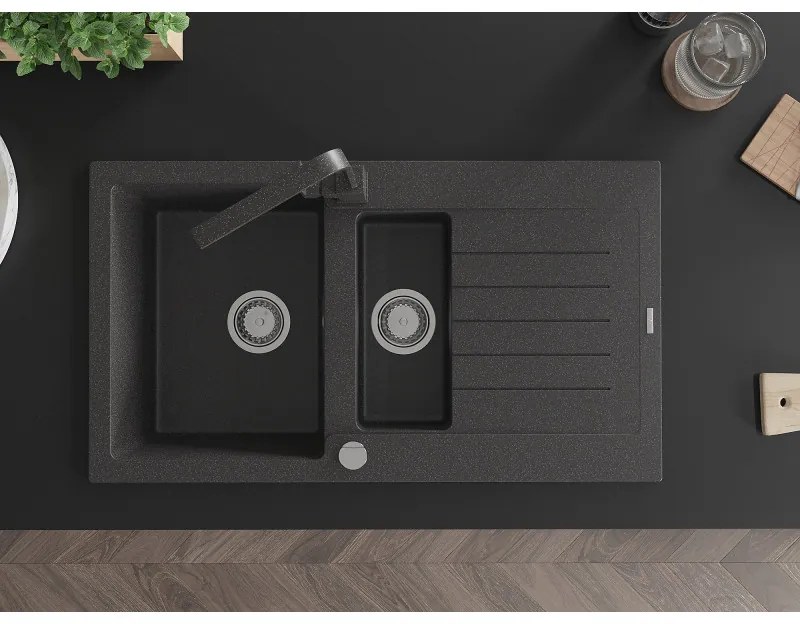 Mexen Matias, granitový drez 900x505x200 mm, 1,5-komorový a čierna škvrnitá batéria Rita, čierna škvrnitá, 6502-76-670300-76