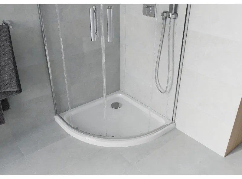 Mexen Rio, štvrťkruhový sprchovací kút s posuvnými dverami 80 x 80 cm, 6mm číre sklo, chrómový profil + biela sprchová vanička, 863-080-080-01-00-4110