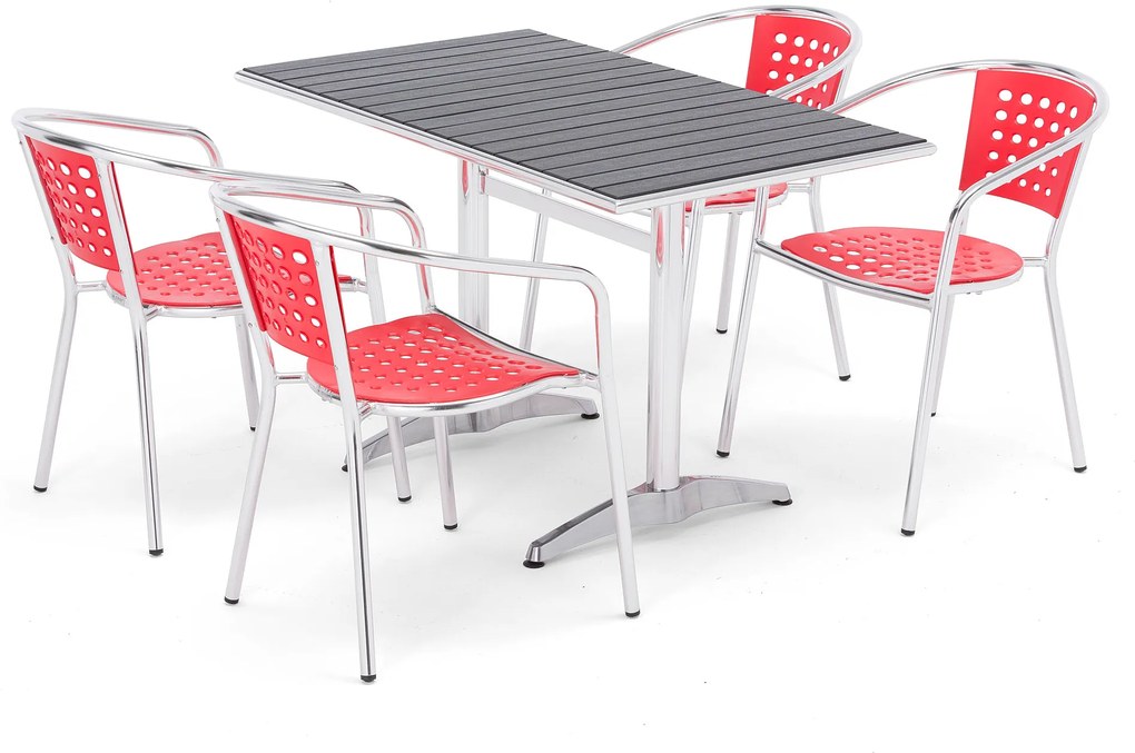 Zostava: Kaviarenský stôl + 4 hliníkové stoličky, červené