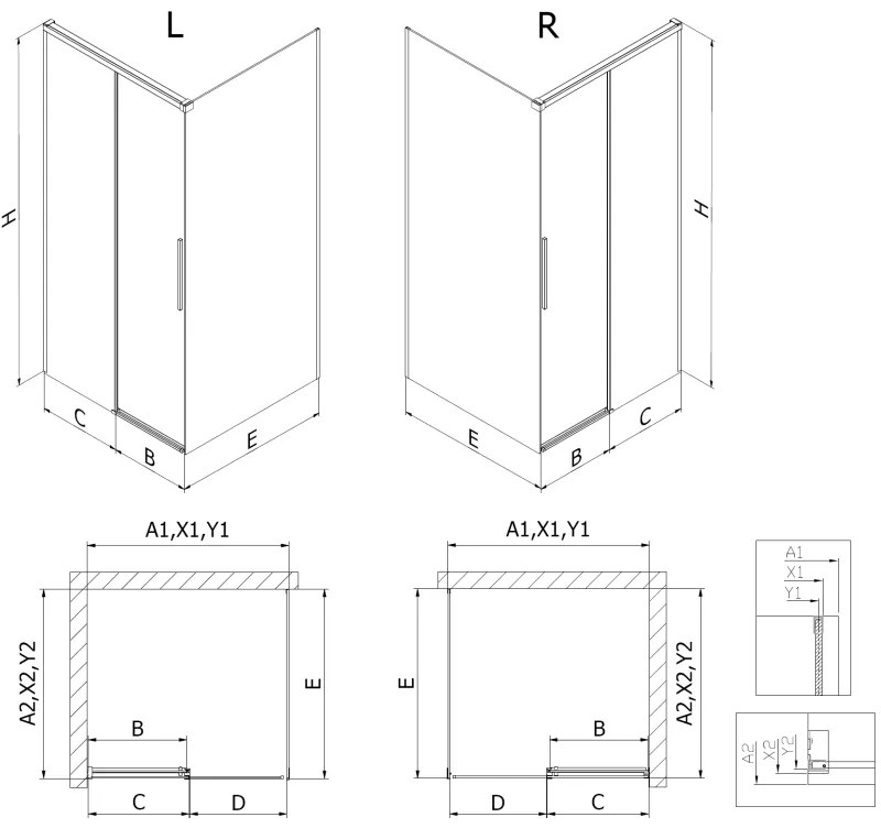Mexen Rox, posuvný sprchový kút 160 x 110 cm, 8mm číre sklo, oceľový profil, 8C2-160-110-97-00
