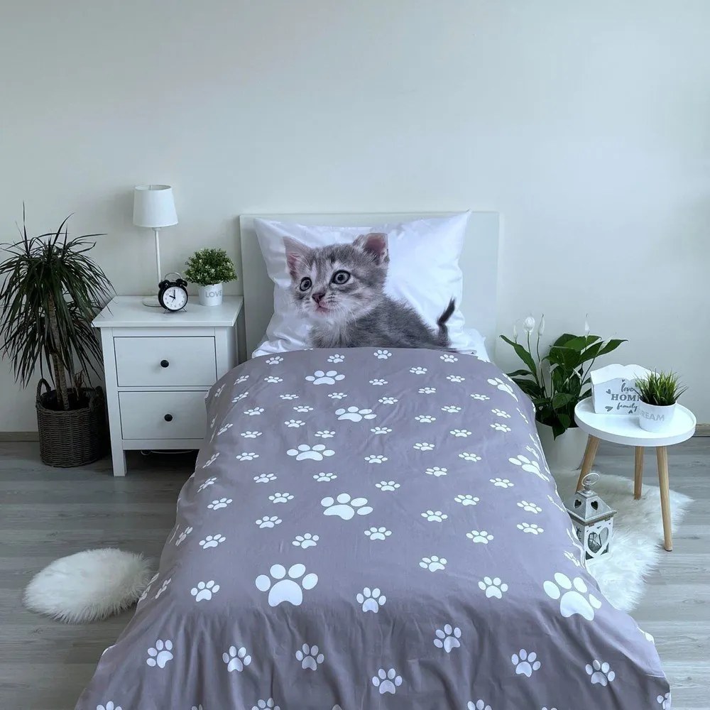 Bielo-sivé bavlnené detské obliečky na jednolôžko 140x200 cm Kitten "Grey" – Jerry Fabrics