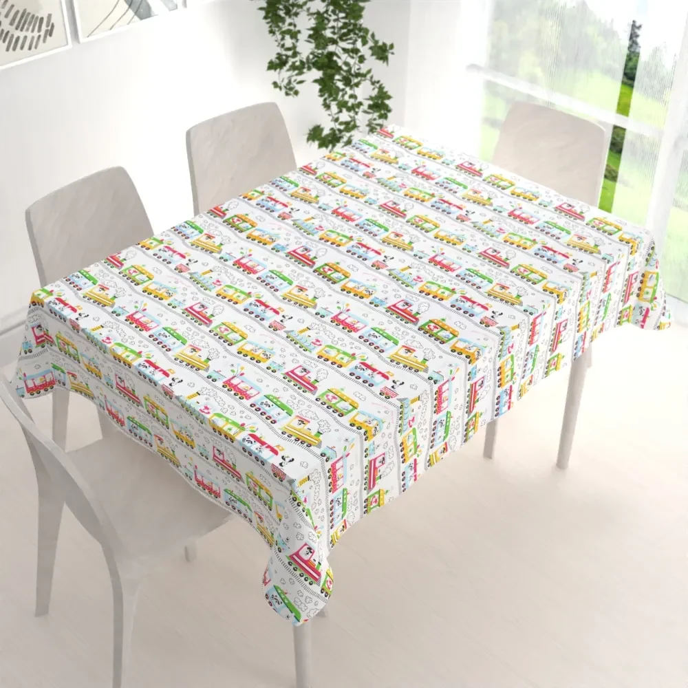 Biante Detský bavlnený obdĺžnikový obrus Sandra SA-328 Vláčik so zvieratkami na bielom 120x140 cm