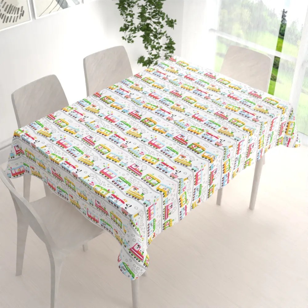 Biante Detský bavlnený obdĺžnikový obrus Sandra SA-328 Vláčik so zvieratkami na bielom 120x180 cm