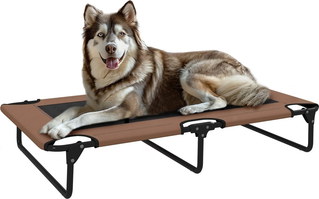 PawHut Vyvýšená Zložená Posteľ pre Psov, Vonkajší Psí Lehátko s Oka, Priedušná, Pre Veľkých Psov Káva Oxford 107 x 61 x 20 cm | Aosom