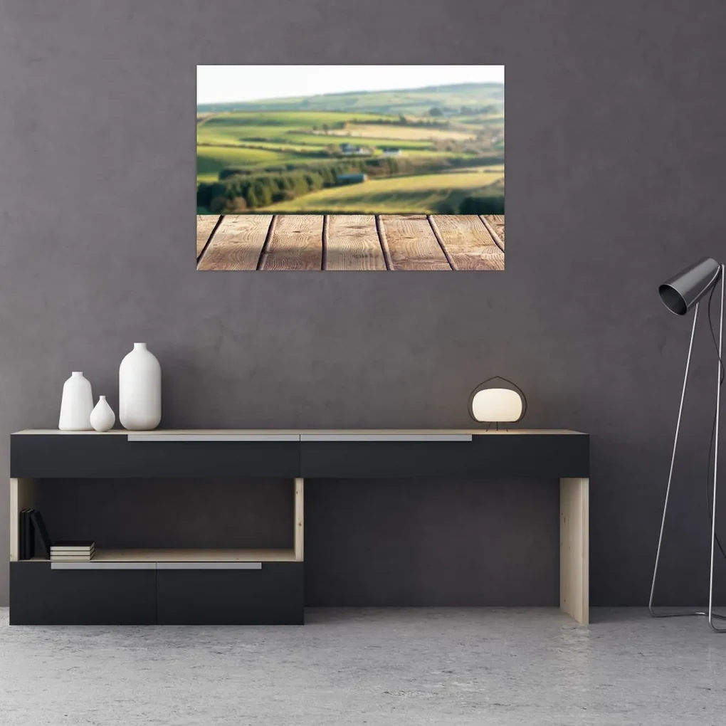 Obraz - Drevená polica s krajinou (90x60 cm)